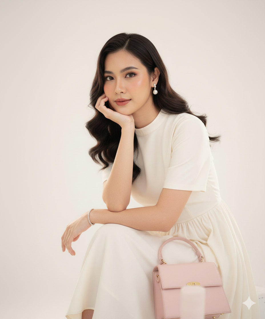 A young woman with dark wavy hair, wearing a white dress and pearl earrings, sitting with her hand resting on her face next to a pink handbag, against a plain light background.