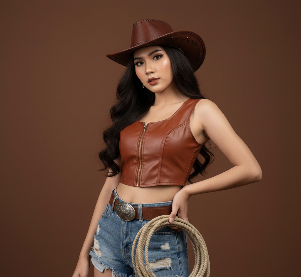 A woman dressed as a cowgirl wearing a brown cowboy hat, a sleeveless brown leather crop top, distressed denim shorts, a large belt with a silver buckle, and holding a coiled rope, standing against a plain brown background.