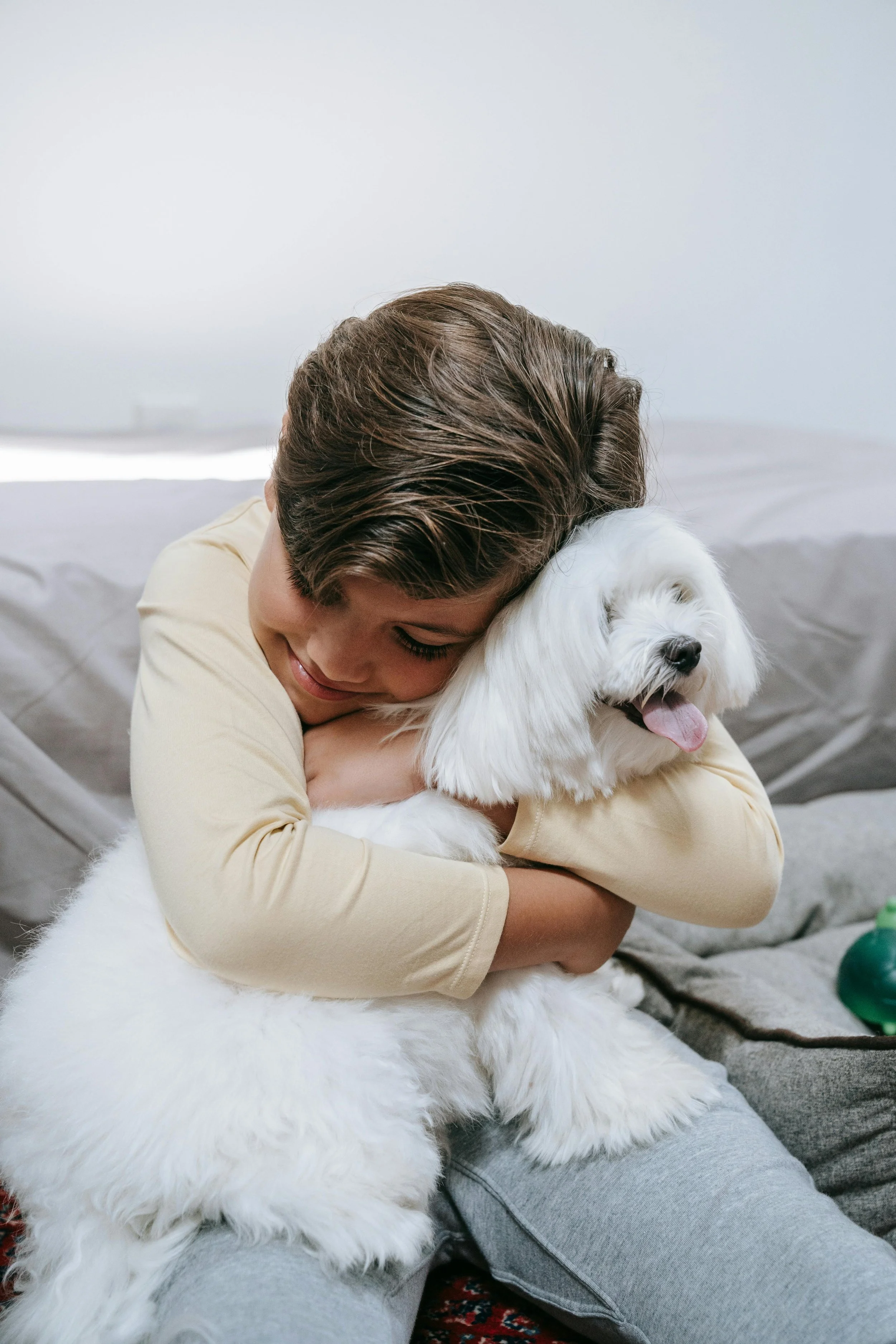 A young boy hugging a fluffy white dog with closed eyes, in a cozy indoor setting.