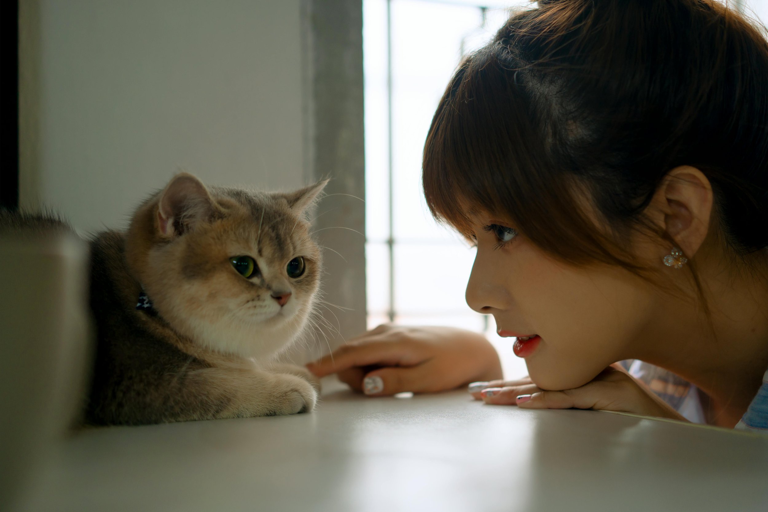 A woman with earrings looking at a cat lying on a flat surface, both gazing at each other brightly.