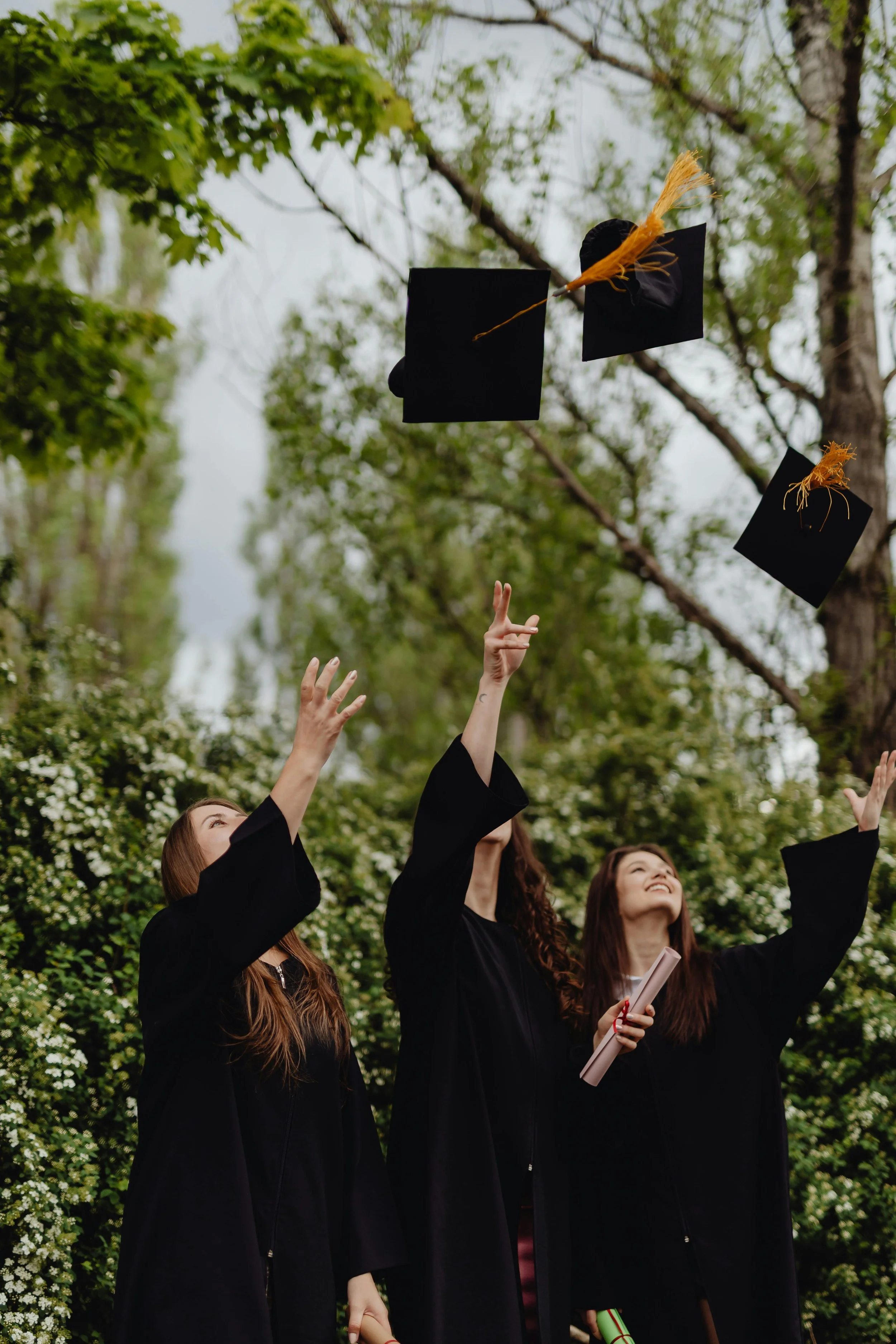 Graduates in black robes tossing caps into the air outdoors during daytime with green trees in the background.