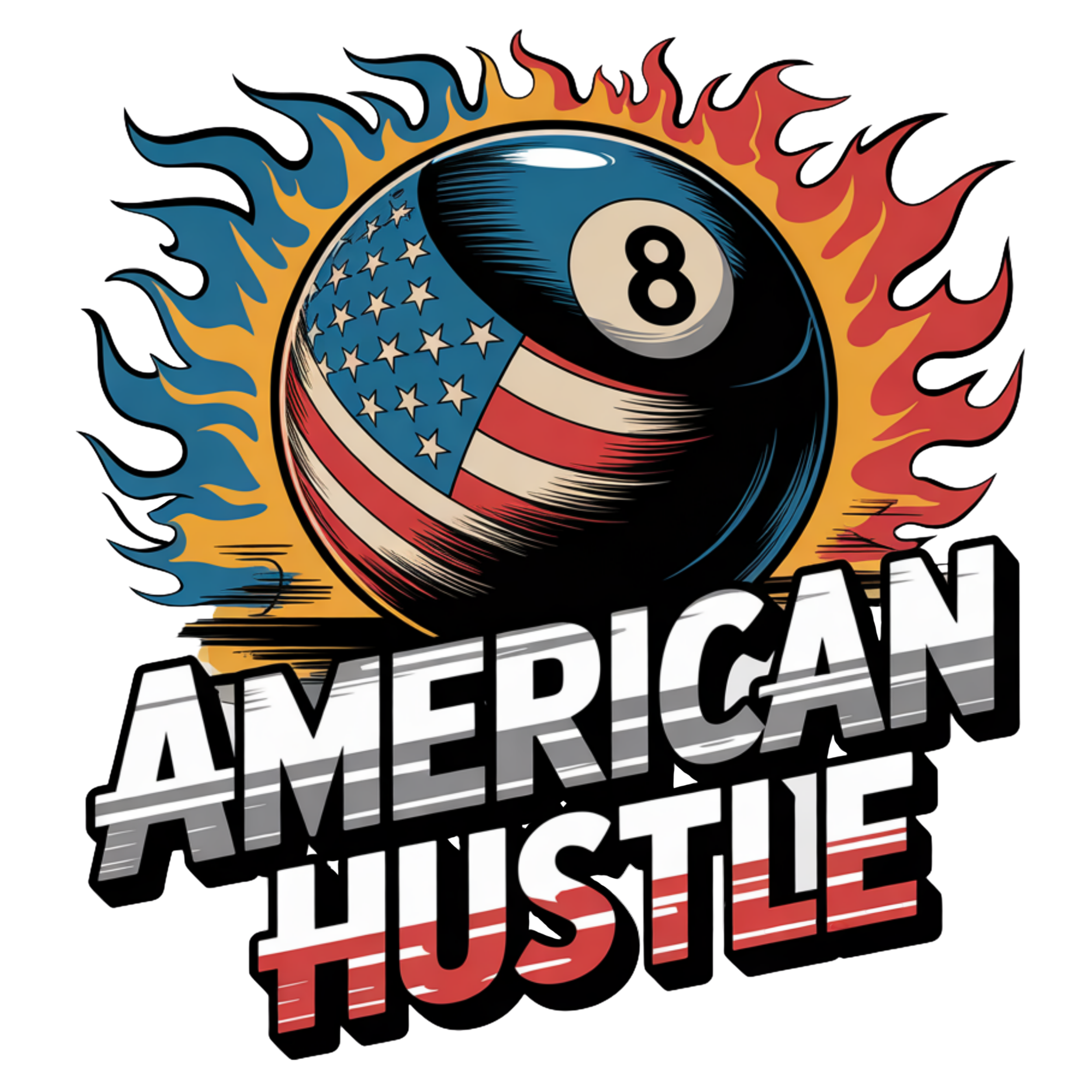 A graphic featuring a black 8-ball with an American flag design and a fiery background, with the text 'American Hustle' in bold, stylized font.