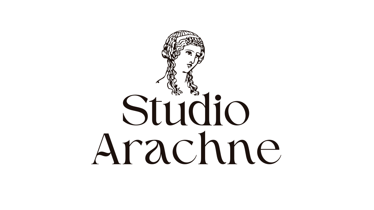 Logo for Studio Arachne featuring a line drawing of a woman's head with curly hair above the text 'Studio Arachne' in black serif font on a white background.