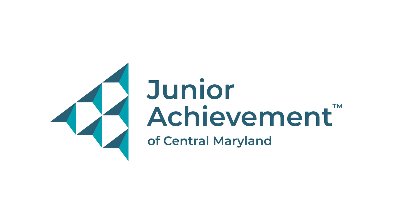 Logo for Junior Achievement of Central Maryland featuring a geometric butterfly and text.