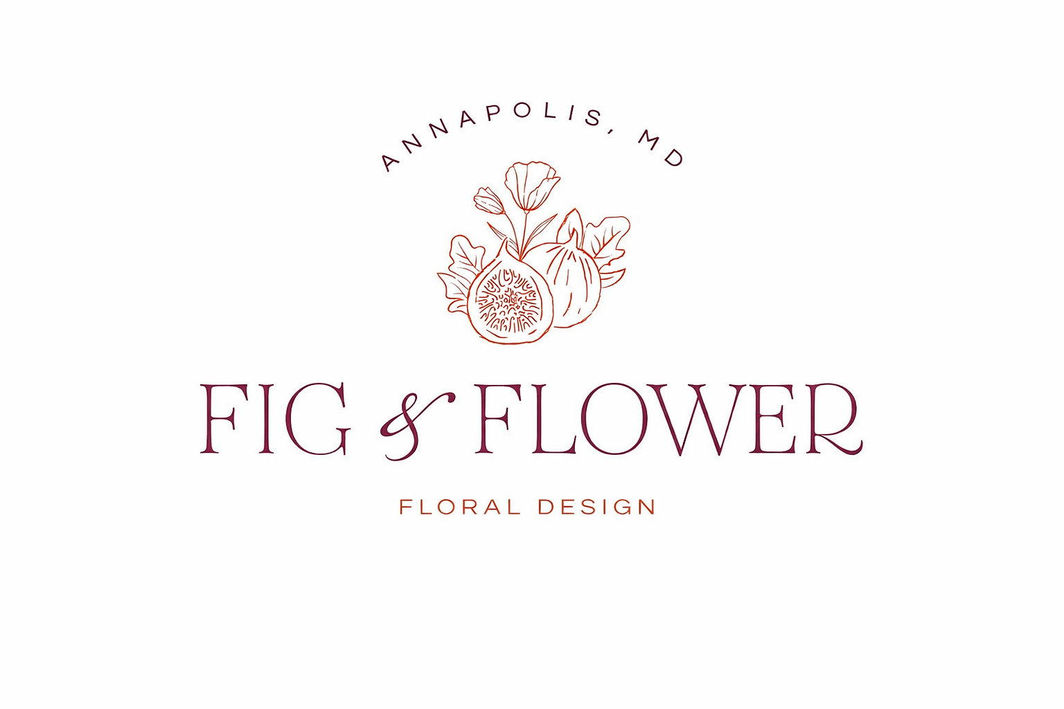 Logo for Fig & Flower Floral Design featuring a line drawing of a fig and flower with the text 'ANNAPOLIS, MD' curved above, 'FIG & FLOWER' in large letters, and 'FLORAL DESIGN' underneath.