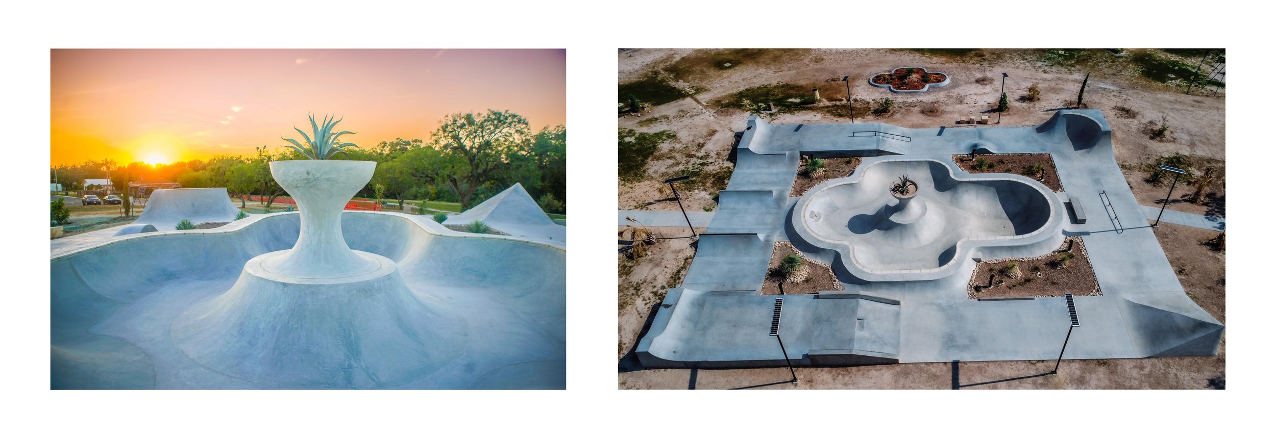 The Del Rio Skate Garden skatepark in Del Rio, Texas. Designed by Shane Yee of Skate Ecosystems, a leading skate architecture firm.