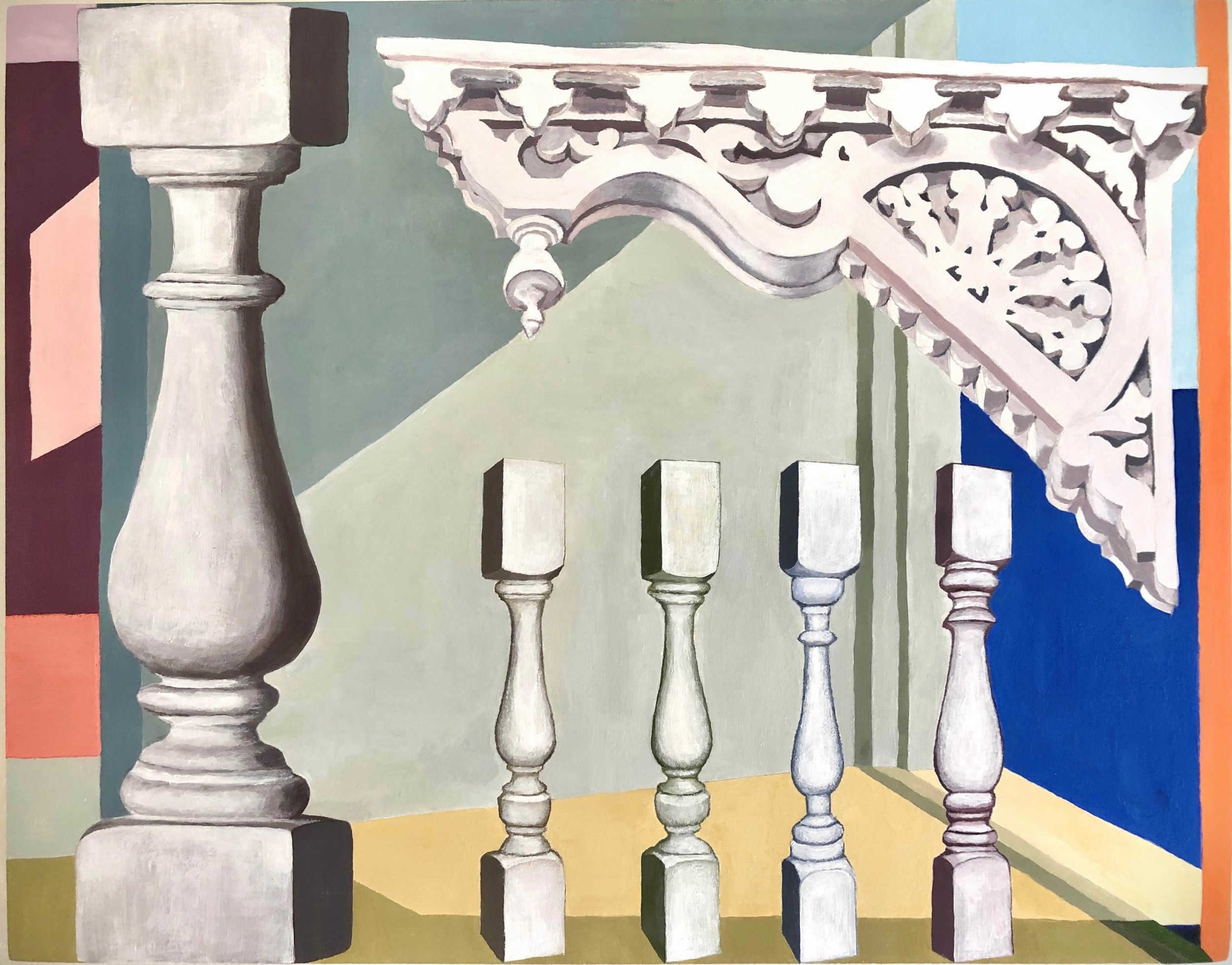 Shane Yee painting visual art A painting of a room with balusters and ornate woodwork, set against multicolored geometric background patterns.