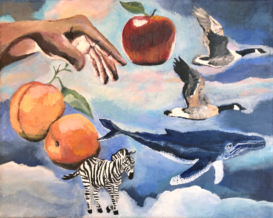 Shane Yee Fine Art, visual art. A surreal painting featuring a human hand reaching towards a red apple, with additional food items like peaches, and animals such as a zebra, a whale, and flying seagulls, all set against a cloudy sky background.