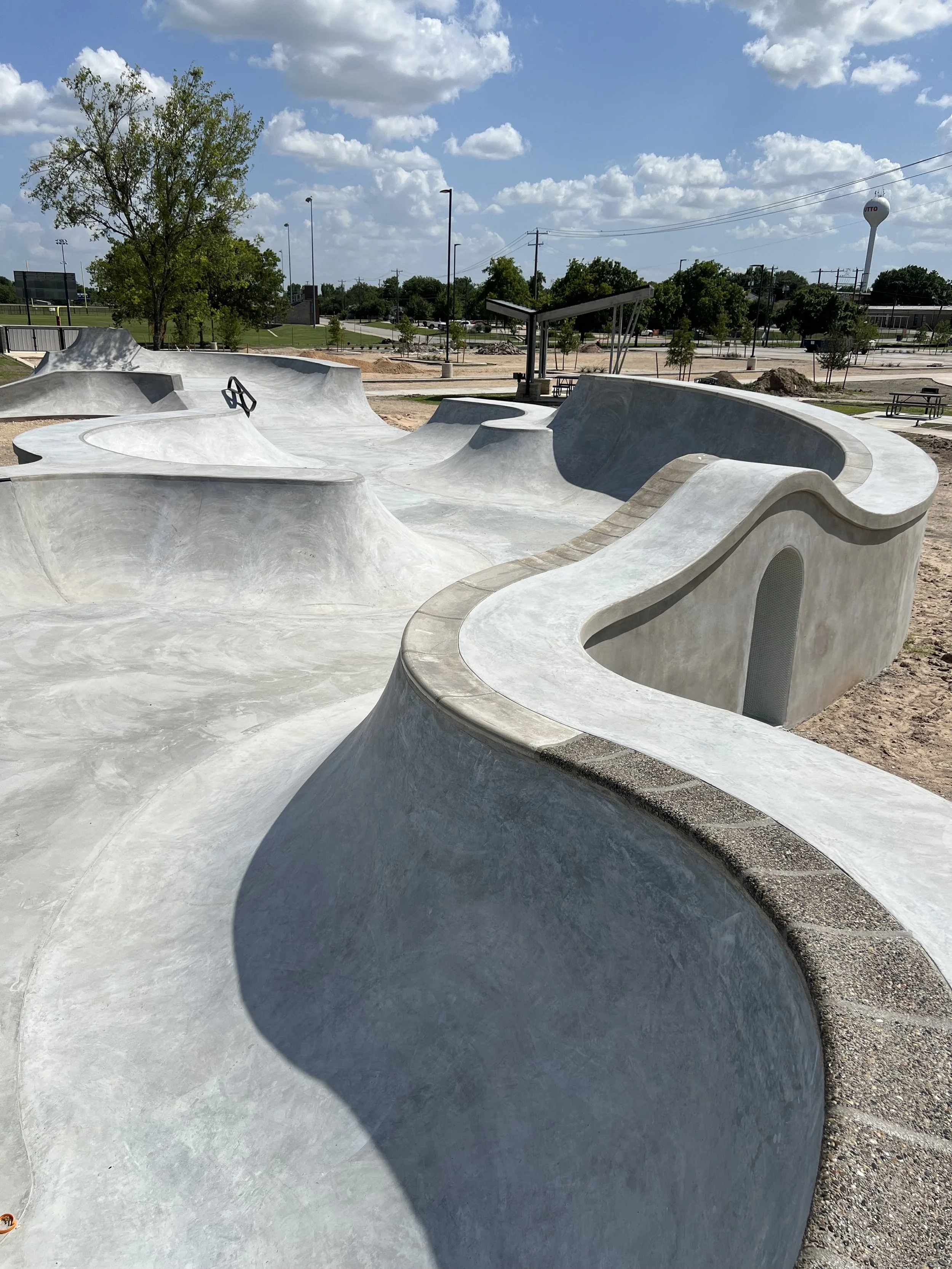 Empty concrete skatepark with ramps and bowls on a sunny day, with trees and power lines in the background.