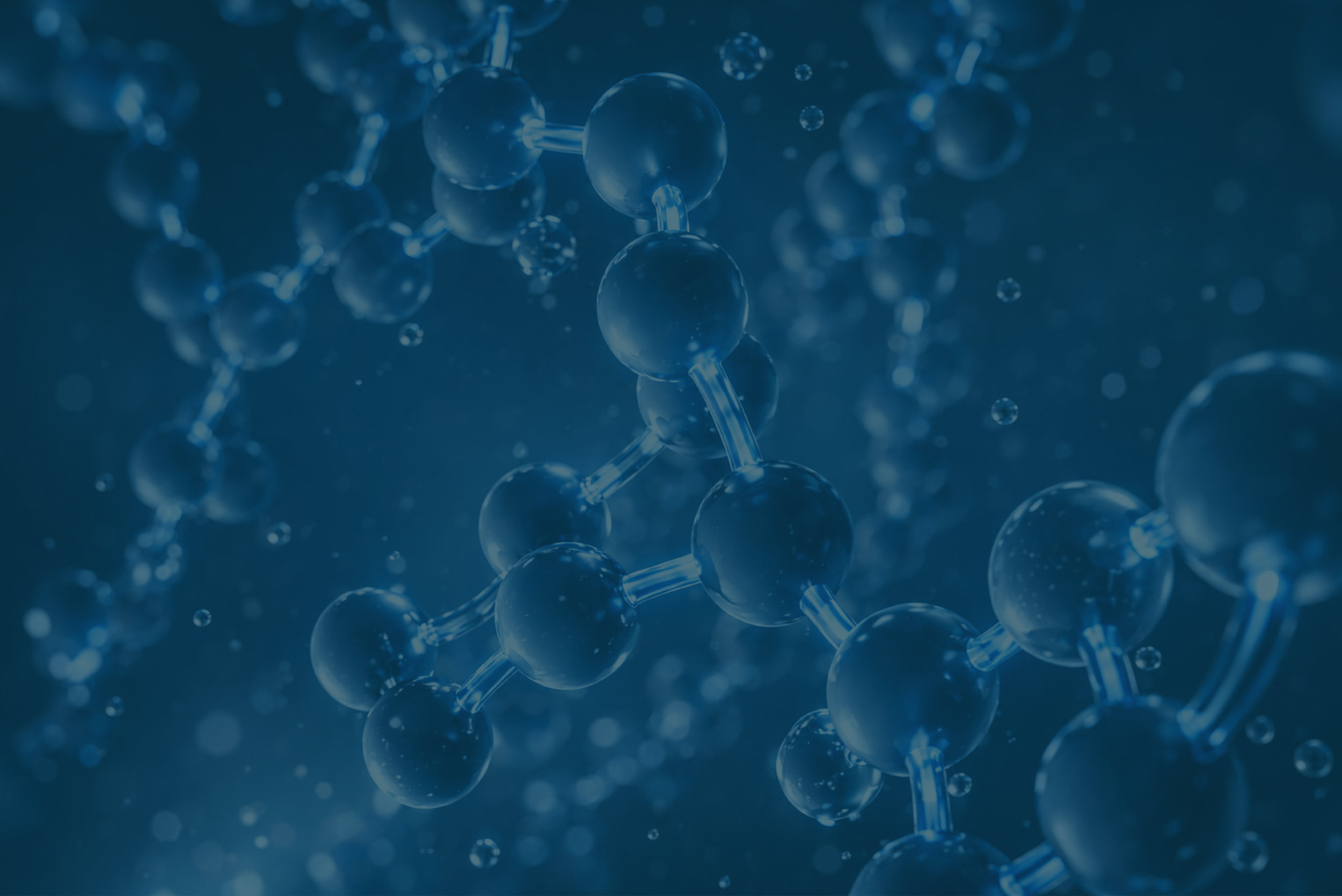 A digital illustration of a molecular structure with transparent spheres connected by rods, set against a dark blue background.
