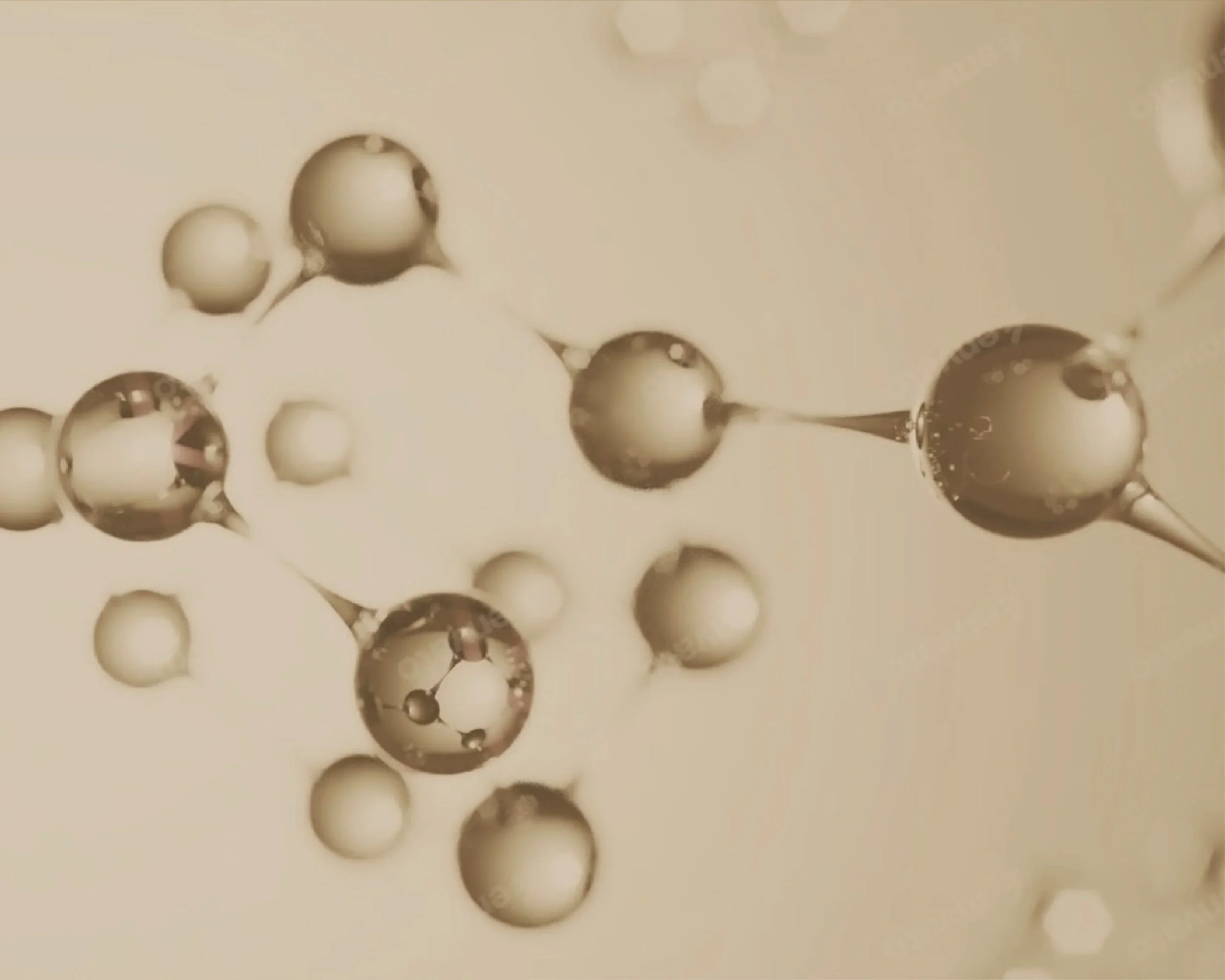 Close-up view of peptide molecules with a beige background, some spherical with a shiny surface, connected by thin rods.