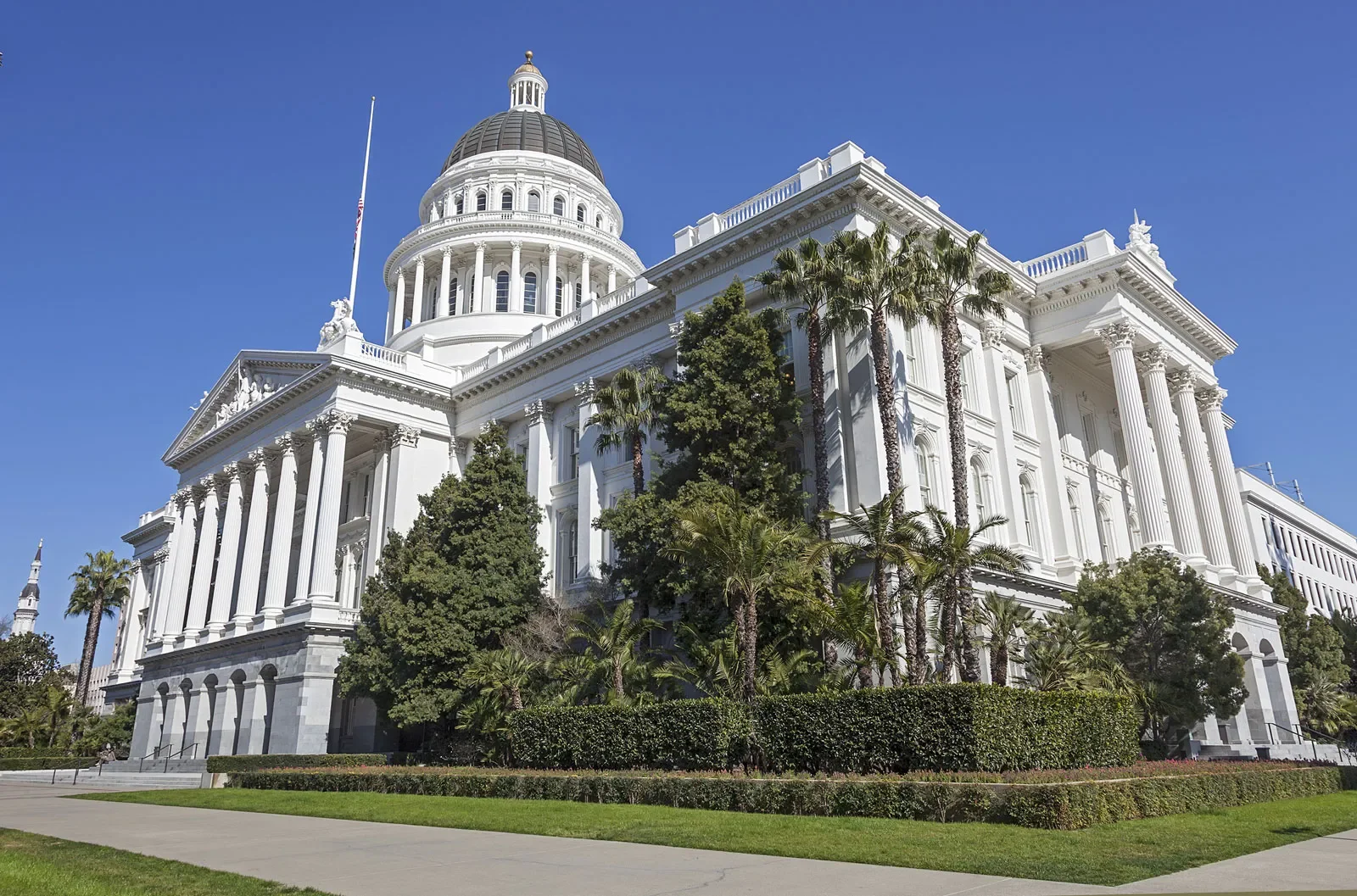 The California State Capitol building in Sacramento with a clear blue sky, surrounded by green trees and bushes, featuring white classical architecture with columns and a prominent dome.