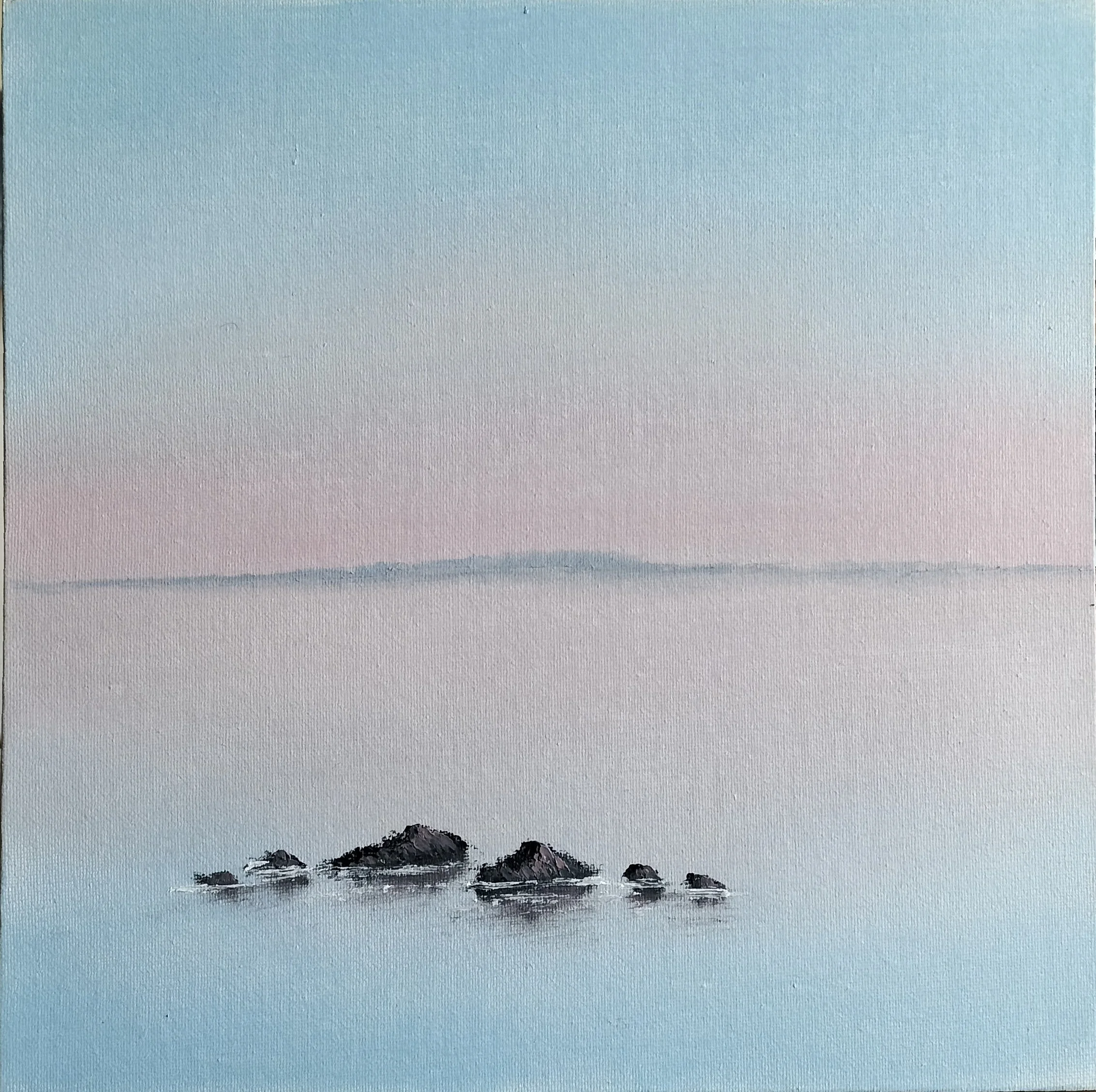 A minimalist painting of rocks in calm water with a soft pastel sky in the background.