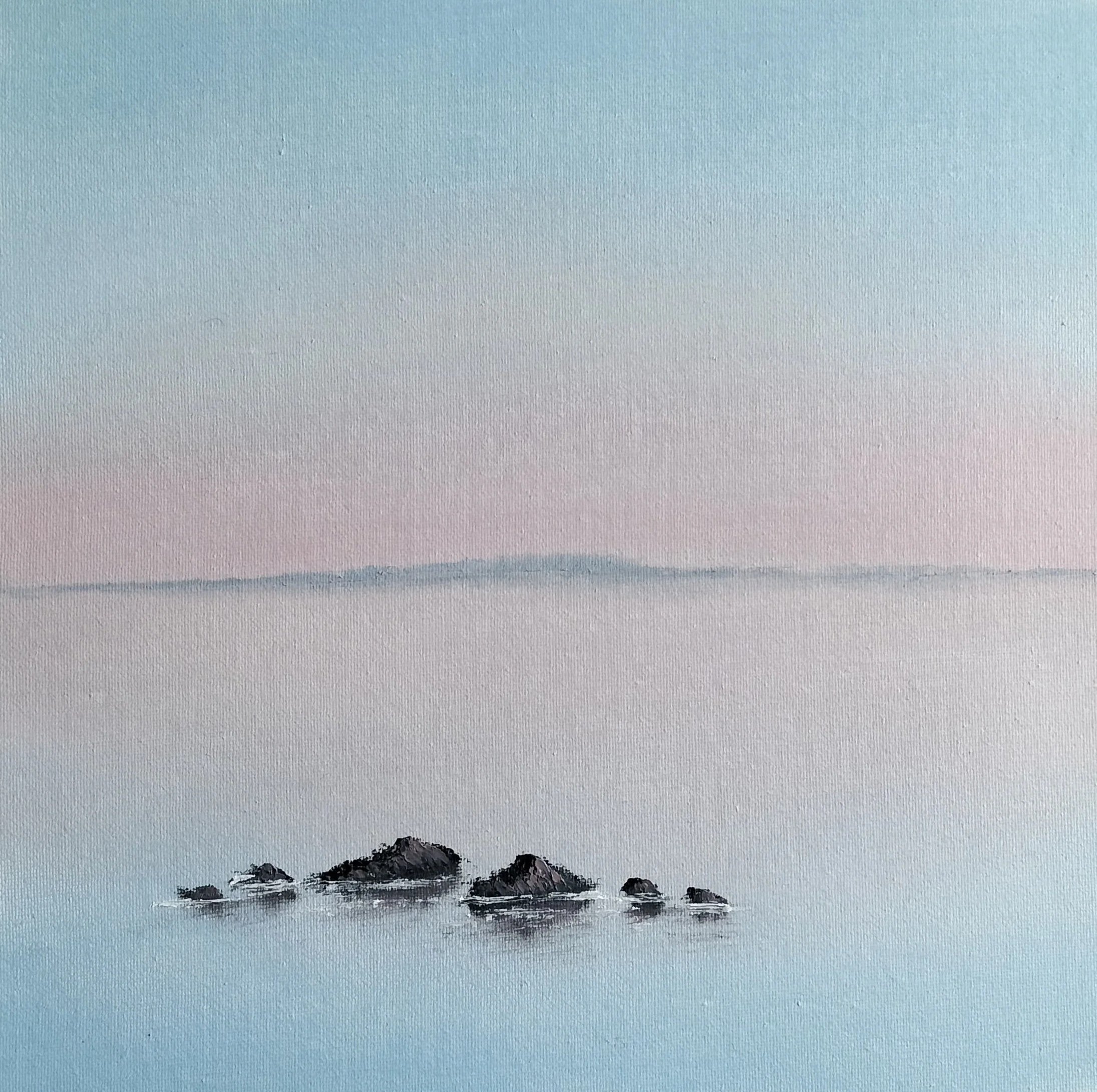 Minimalist seascape painting of calm water with rocks in the foreground and a pastel-colored sky in the background.