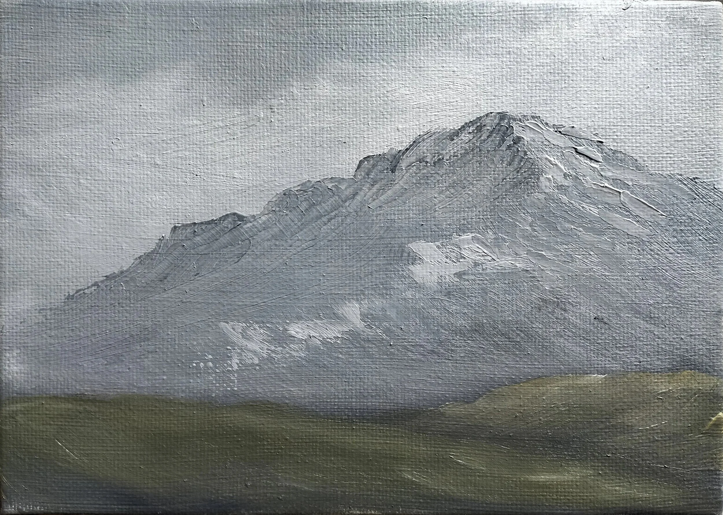 A landscape painting of a snow-capped mountain with a grassy foreground and a cloudy sky.