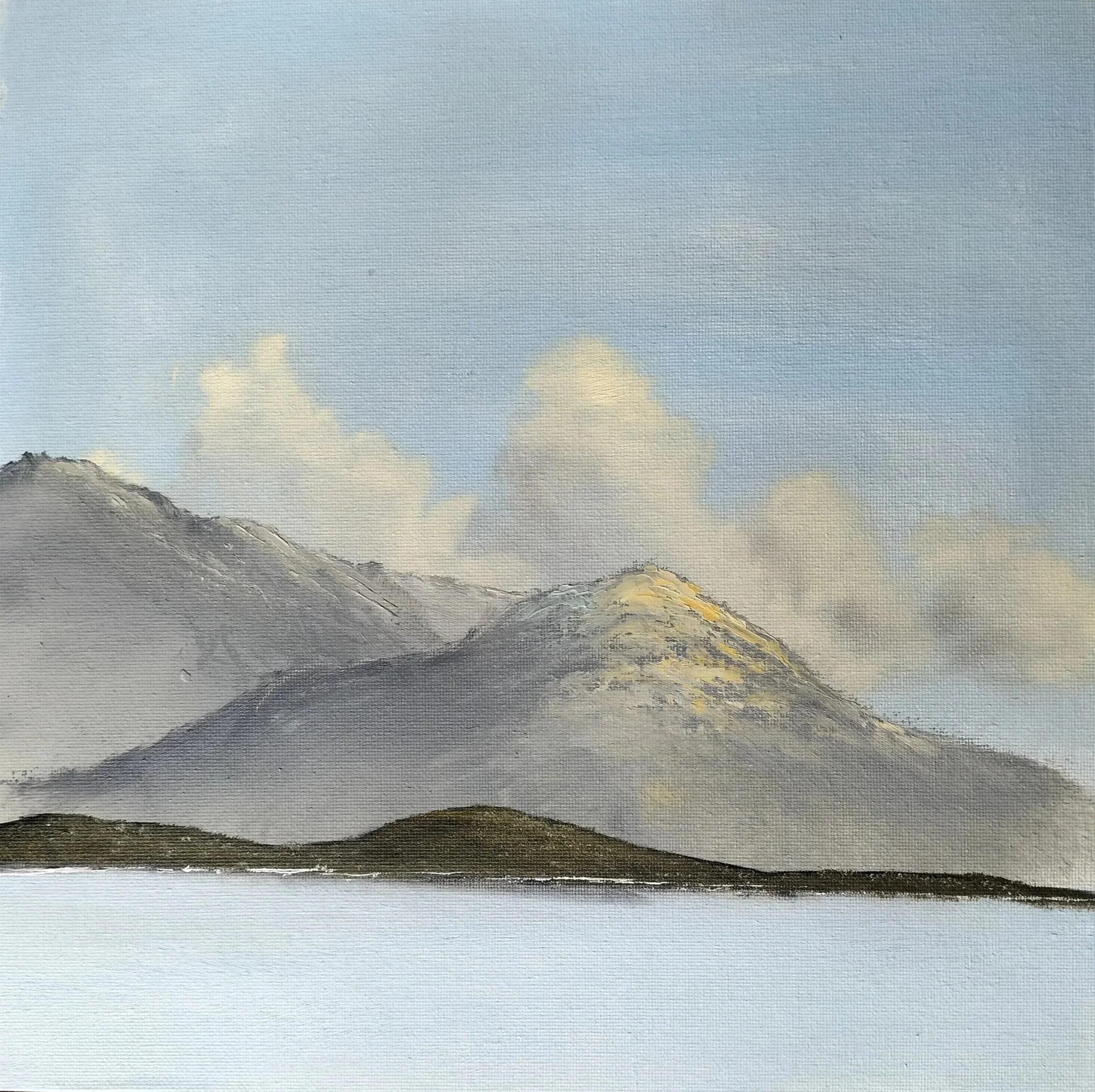 A landscape painting of a mountain range with a snow-capped peak under a blue sky with fluffy clouds.