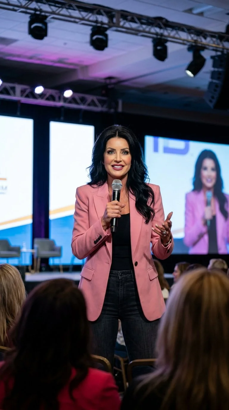 Woman speaking at a conference, holding a microphone, wearing a pink blazer and black top, with audience members visible in the foreground and a large screen behind her.