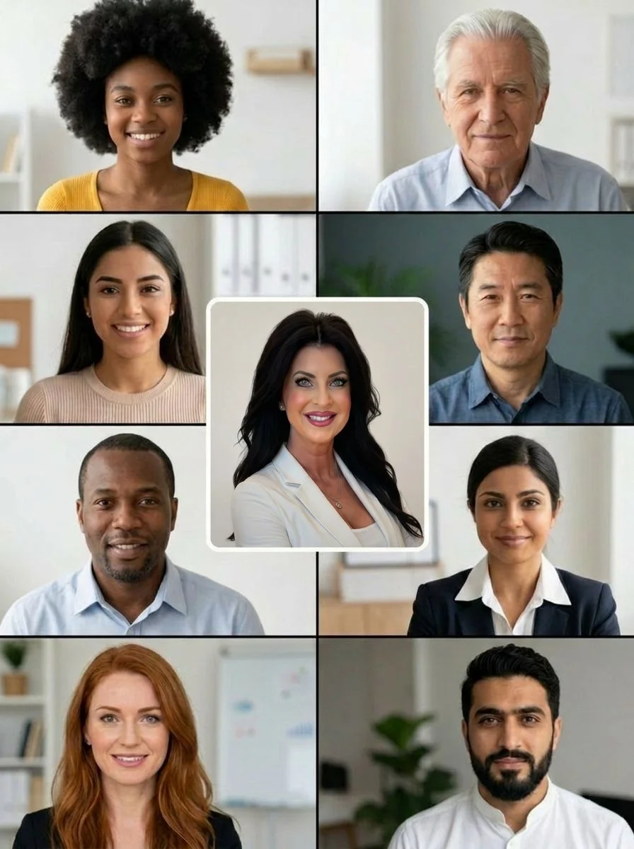 Collage of diverse professionals in a video conference, with a woman with black hair and white blazer in the center.