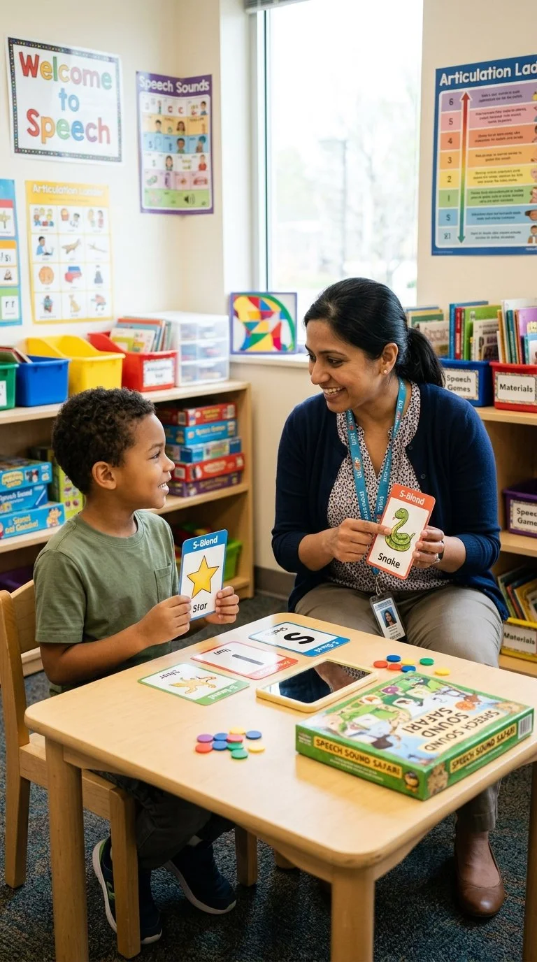 A teacher and a young boy playing an educational card game in a classroom. The girl is holding cards related to speech sounds, including an 's-blend' card with a star and 's' sound, and the boy is holding a 's-blend' card with a snake. The classroom has colorful educational posters on the walls, shelves filled with books and games, and a window providing natural light.
