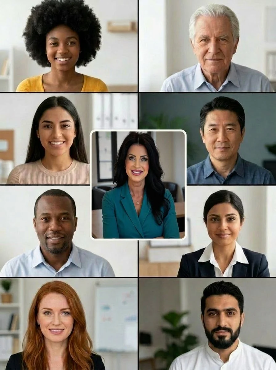 Diverse group of professionals in virtual meeting collage: school professionals SLPs OTs PTs educators and school leaders in group coaching through The Work Before the Work Experience by Treva Graves