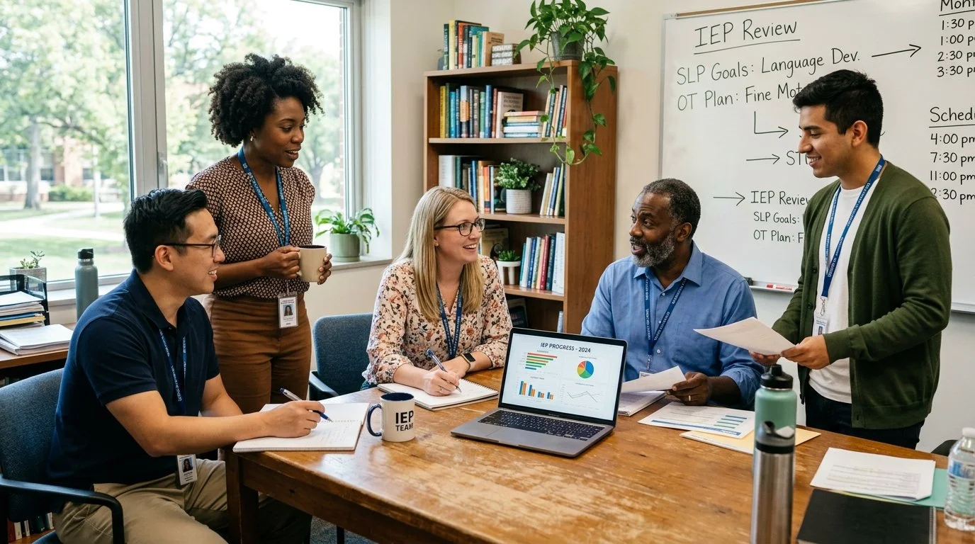 Six diverse professionals in an office meeting room discussing around a wooden table, with a computer displaying progress charts, whiteboard with schedule, and bookshelves in the background.