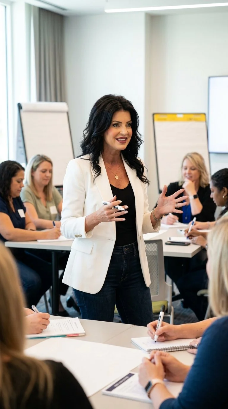 Woman in white blazer presenting to seated group in conference room: Treva Graves leading Unconventional Team Framework workshop for school-based professionals and district leadership teams
