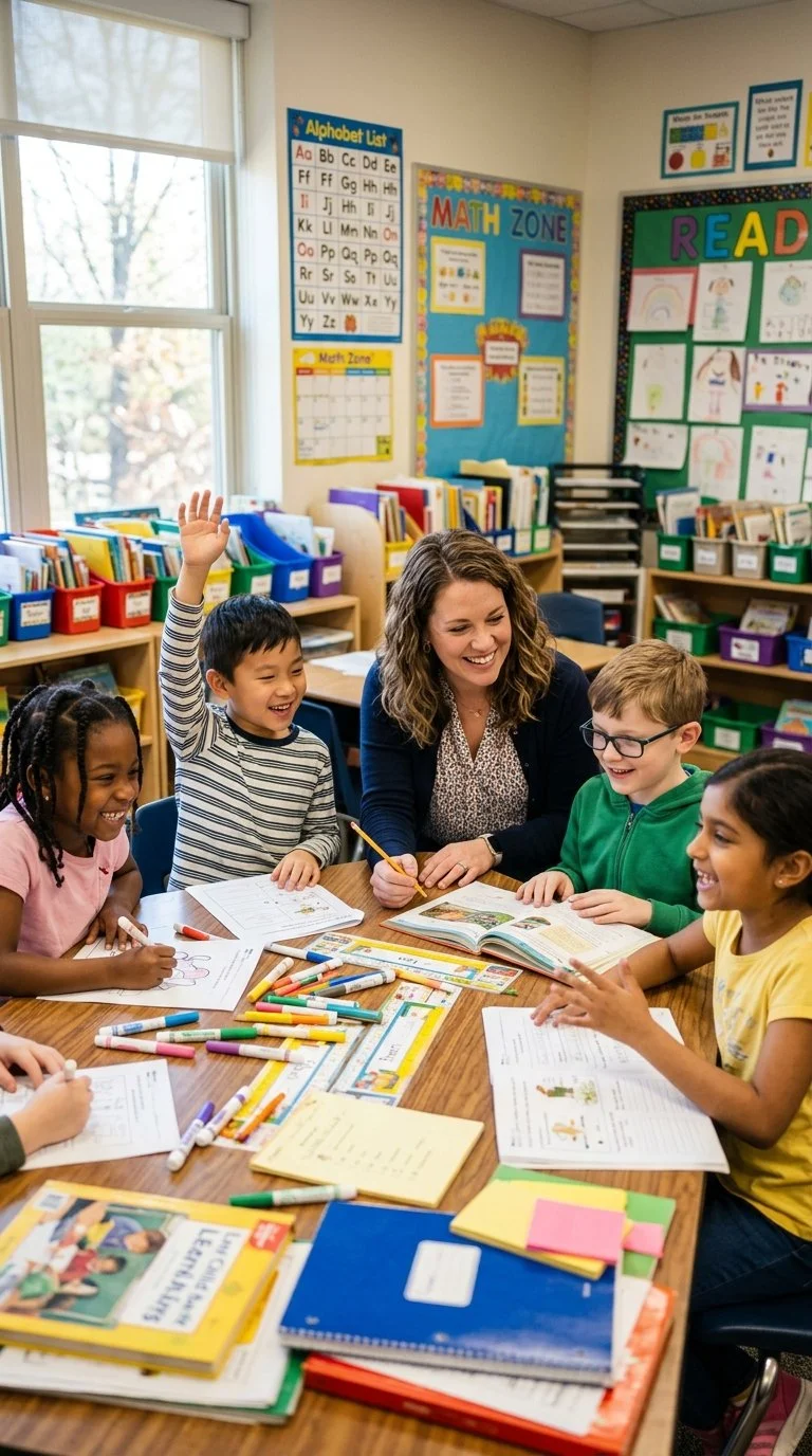 A teacher and five young students sitting around a table in a classroom, engaged in learning and smiling. The students have books, notebooks, and colorful markers on the table.