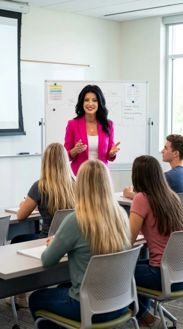 A woman in a bright pink blazer and white top stands in front of a classroom, speaking to students seated at desks. The classroom has a whiteboard with notes and a large window letting in natural light.