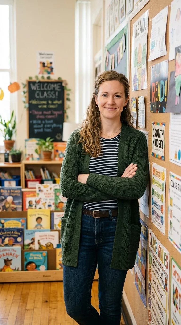 A woman with wavy brown hair standing in a classroom with crossed arms, smiling at the camera. Behind her are colorful educational posters and a bookshelf filled with children's books.