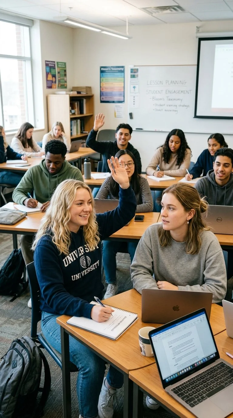 Students in a classroom participating in a discussion, some raising their hands, with laptops, notebooks, and a whiteboard in the background.