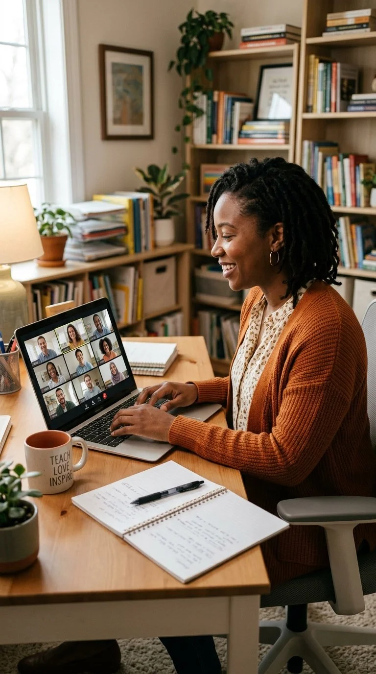 A woman with black dreadlocks smiling and looking at her laptop screen during a video conference call in a study room filled with books, plants, and a window.