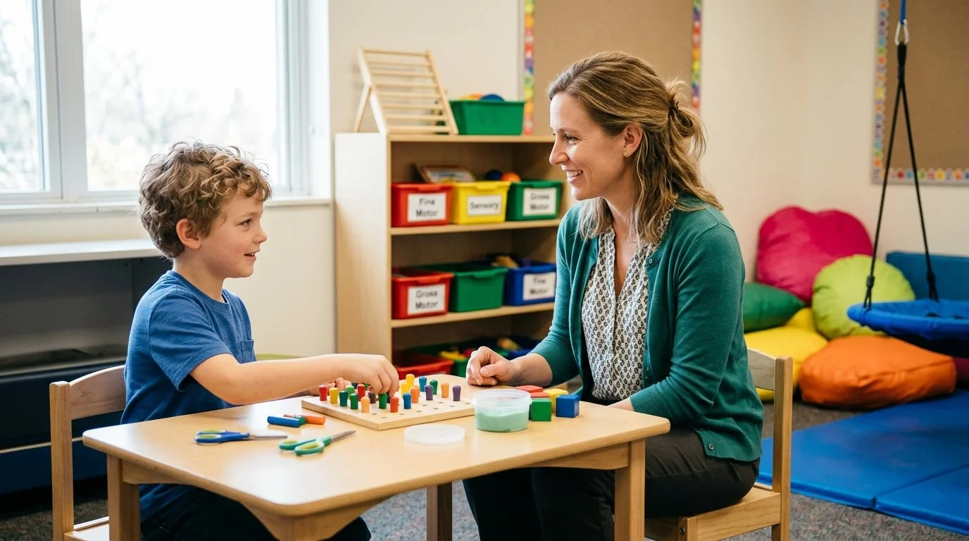 A young boy and a woman sitting at a small table in a classroom playing a board game with colored game pieces. The woman is smiling, and the room has colorful cushions, a window, and educational storage bins in the background.