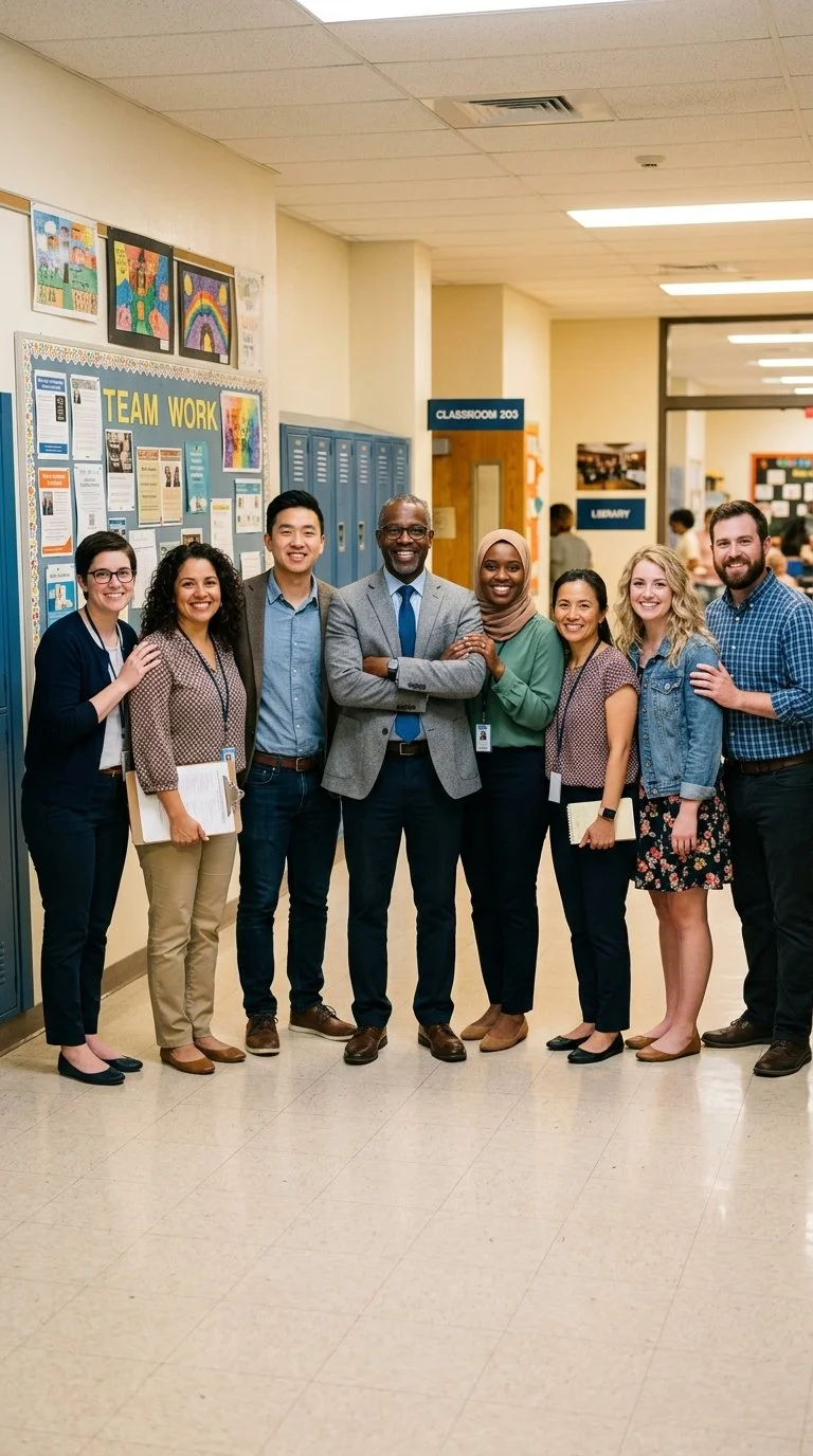 A diverse group of seven teachers or school staff members standing in a school hallway, smiling and posing together for a photo.