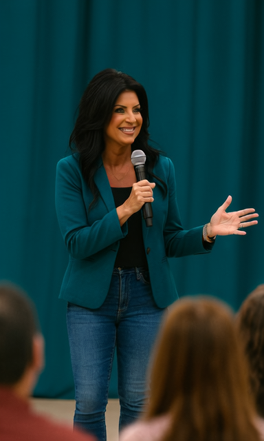 Woman with long dark hair speaking into a microphone during a presentation or speech, wearing a teal blazer and jeans with an audience present.