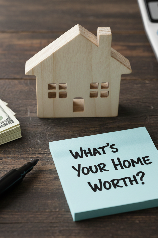 A small wooden house figurine, a stack of dollar bills, a black marker, and a sticky note with the question "What's Your Home Worth?" on a wooden surface.