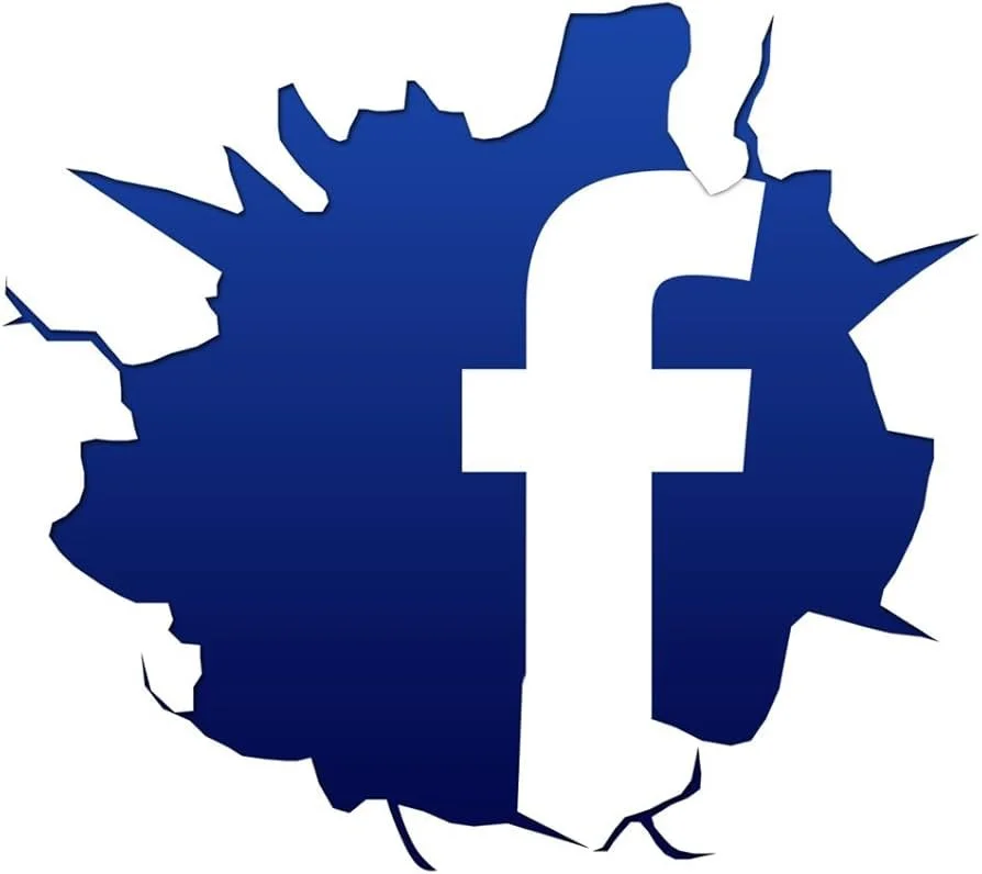 Facebook logo on a torn blue background resembling a cracked wall.