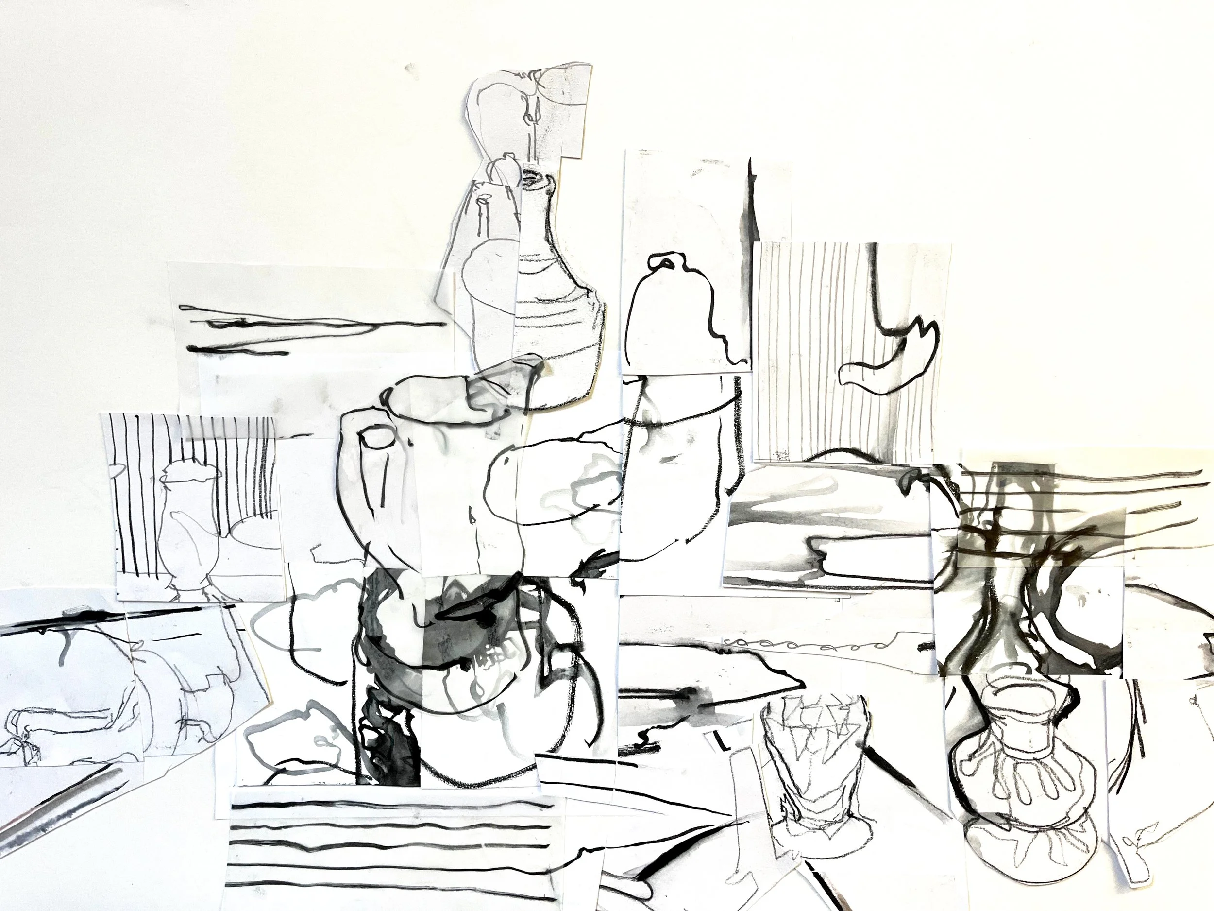 A collage of sketches featuring various still life objects like bottles, cups, and vases, arranged on a table with a mix of line drawings and some shaded elements.