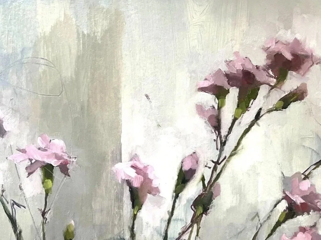 Pink Carnations, Leaning, 2026 oil on paper, 34 x 61cm, detail