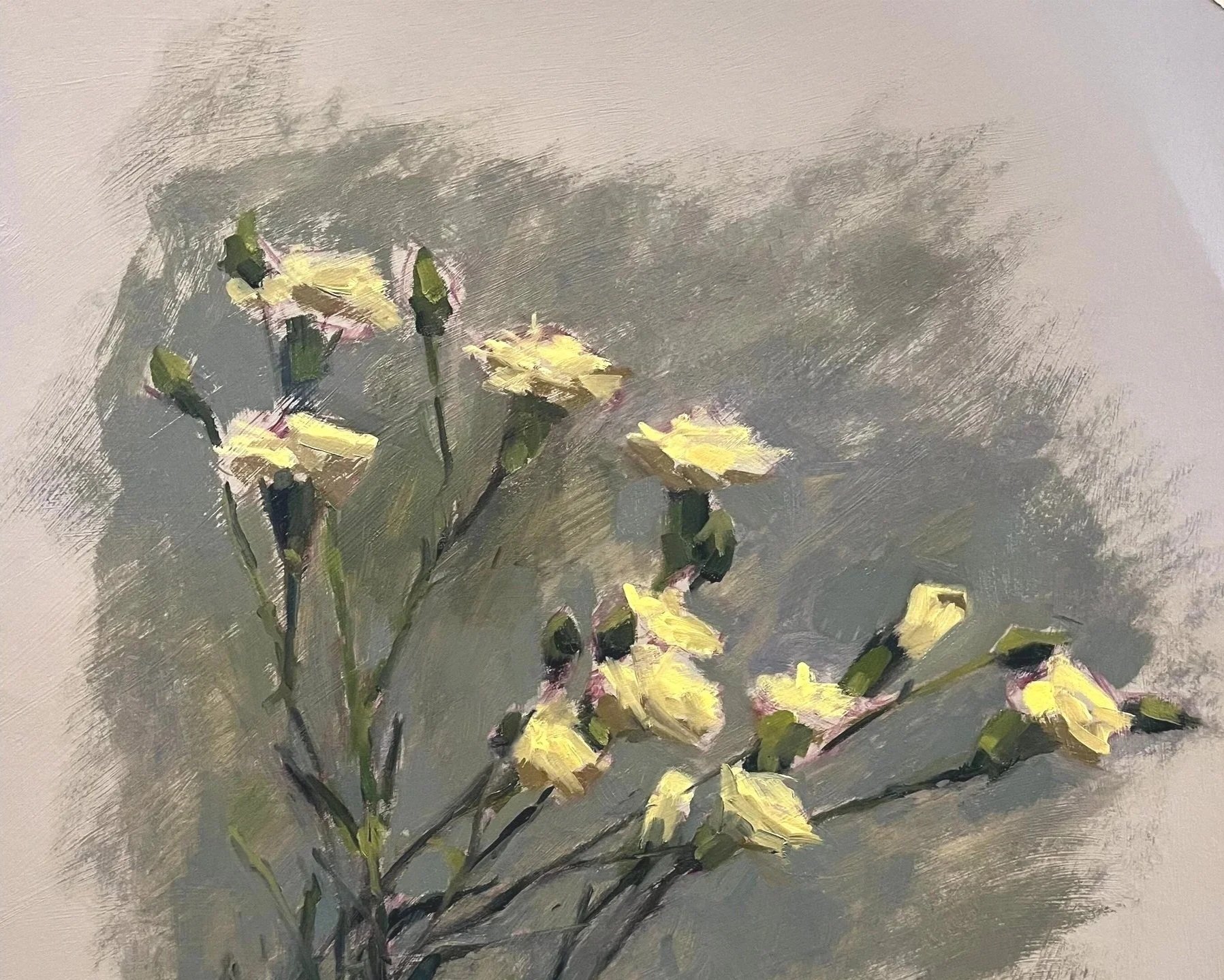 Leaning Carnations, Yellow, 2026, oil on paper, 33 x29 cm