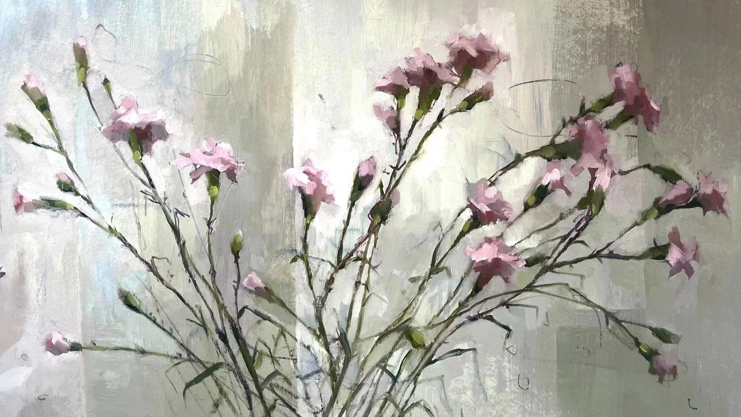 Pink Carnations, Leaning, 2026, oil on paper, 34 x 61cm