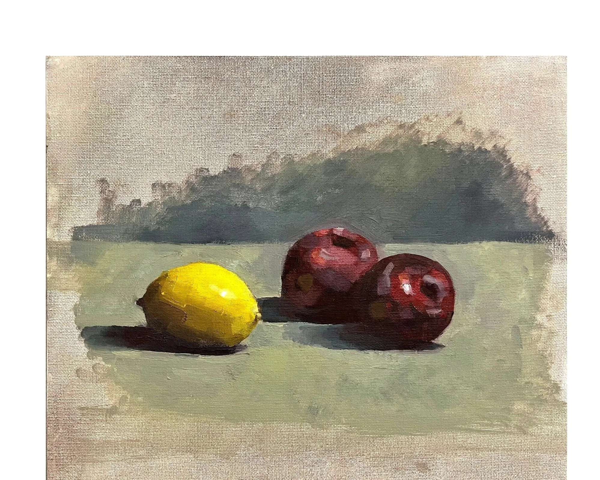 Two Plums & A Lemon, 2026, oil on board, 10 x 12 inches, SOLD