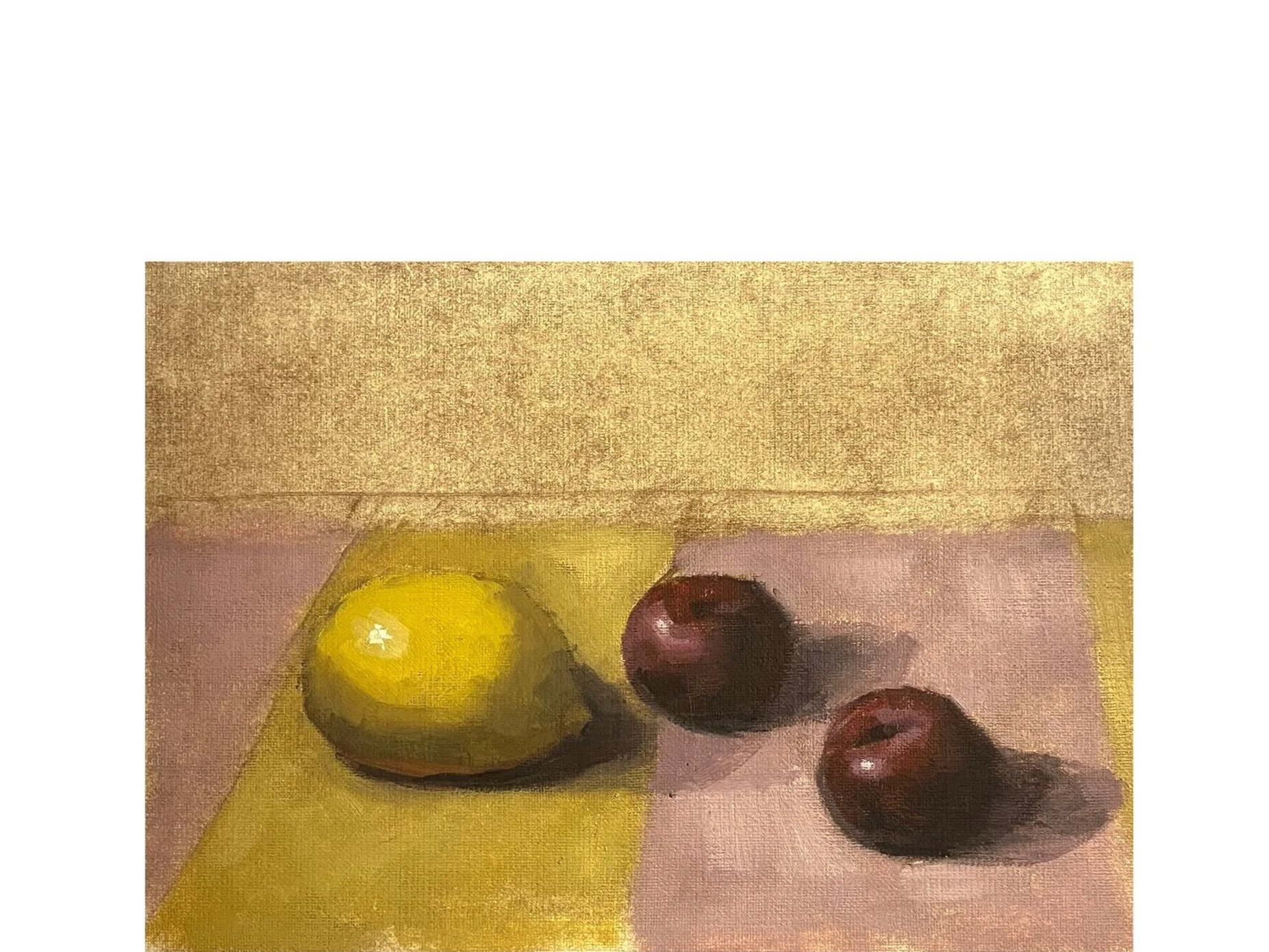 Lemons, Plums & Striped Cloth, 2025, oil on paper, 17 x24 cm , £POA