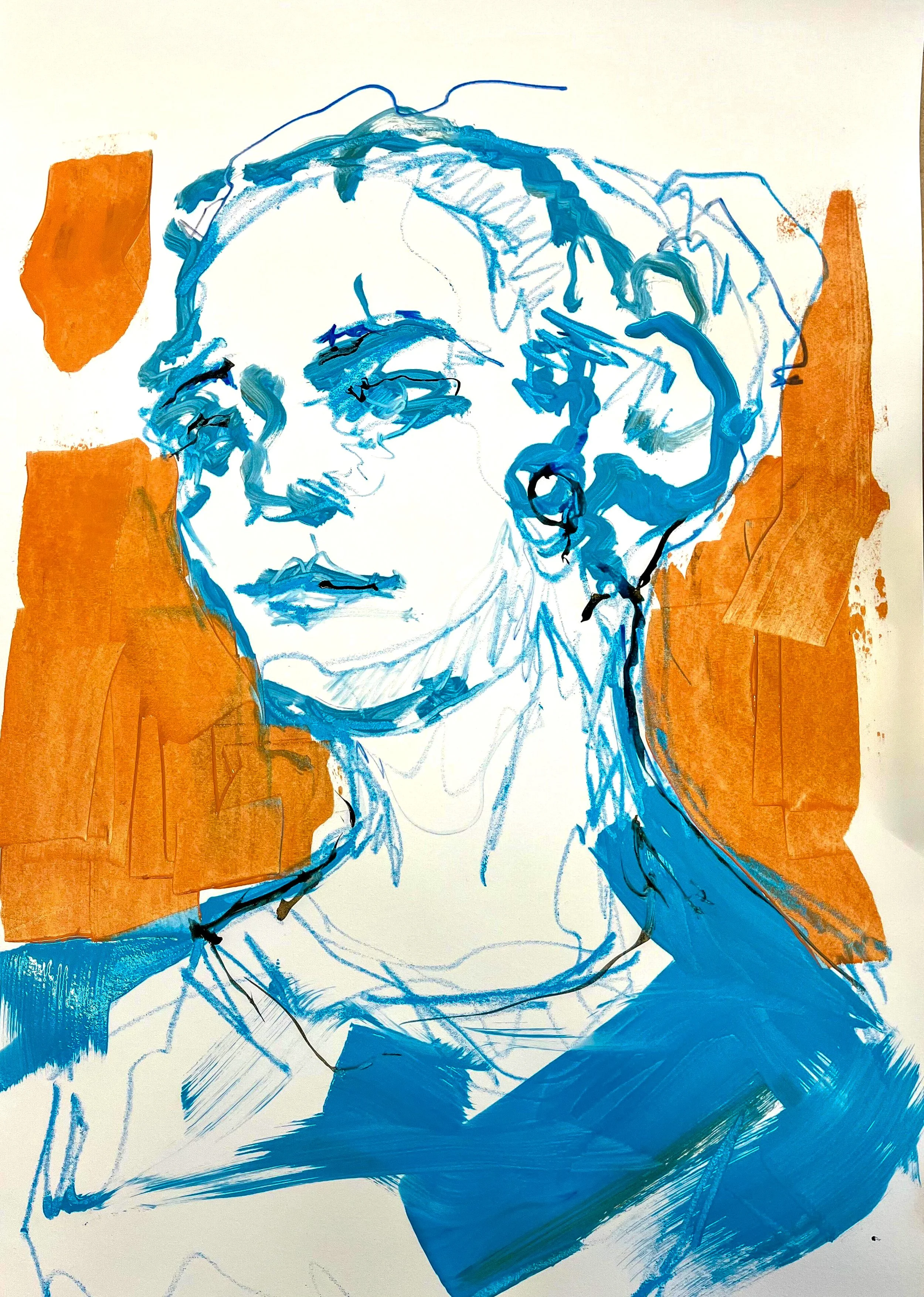 An abstract portrait of a woman with blue and black lines, with orange background accents and loose, expressive brushstrokes.