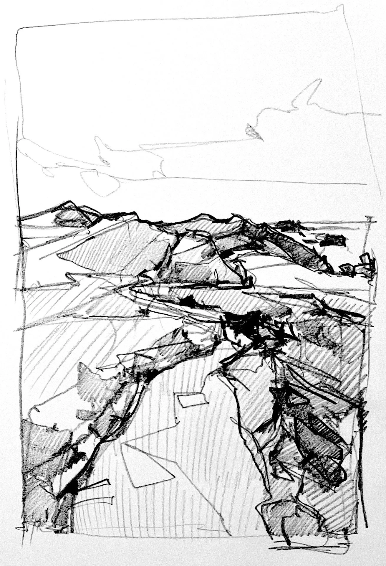 A black and white sketch of a landscape with mountains, hills, and a cloudy sky.
