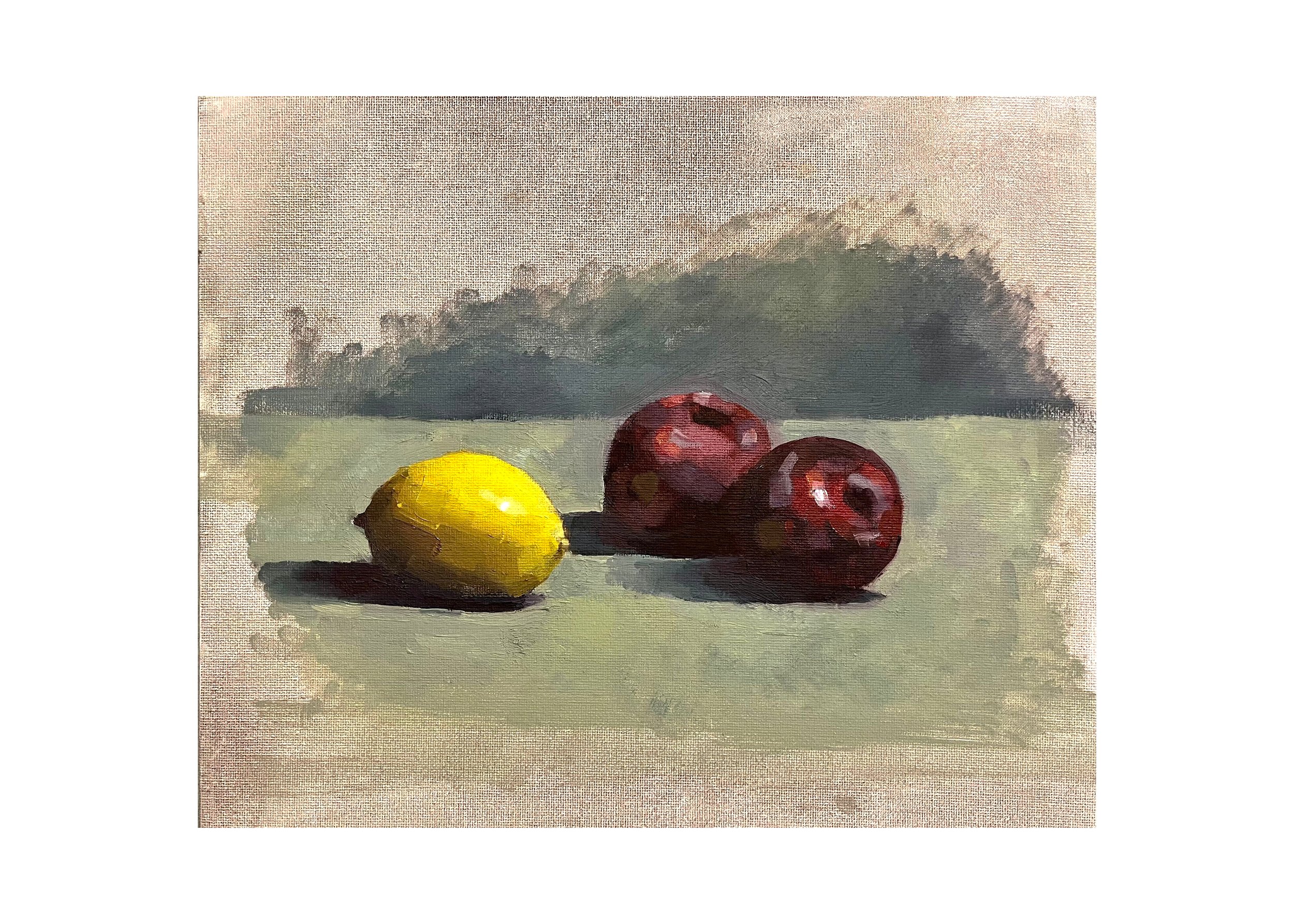 Two Plums & A Lemon, 2026, oil on board, 10 x 12 inches