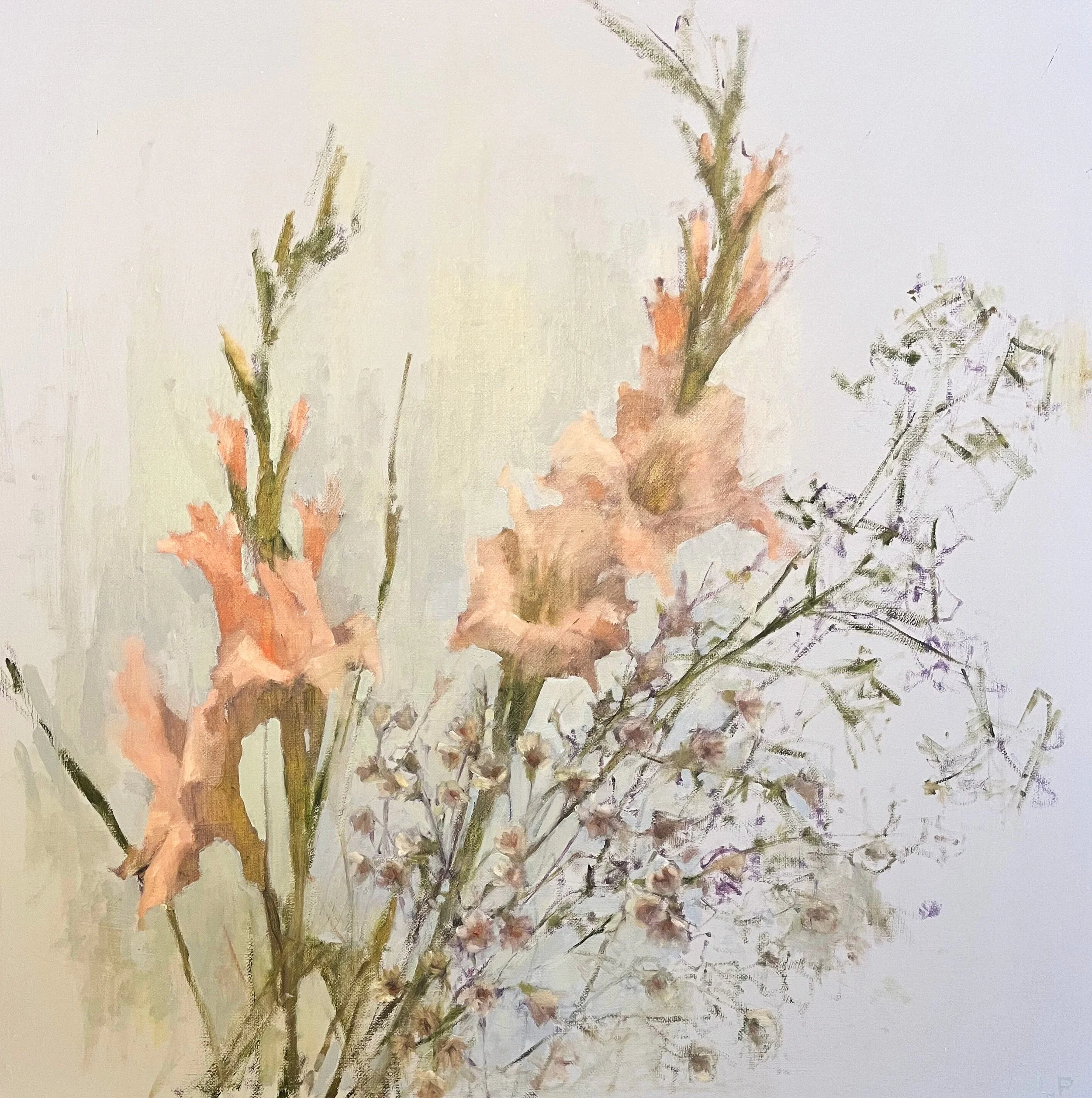 Peachy Gladioli , 2026, Oil on canvas, 50 x 50cm £POA