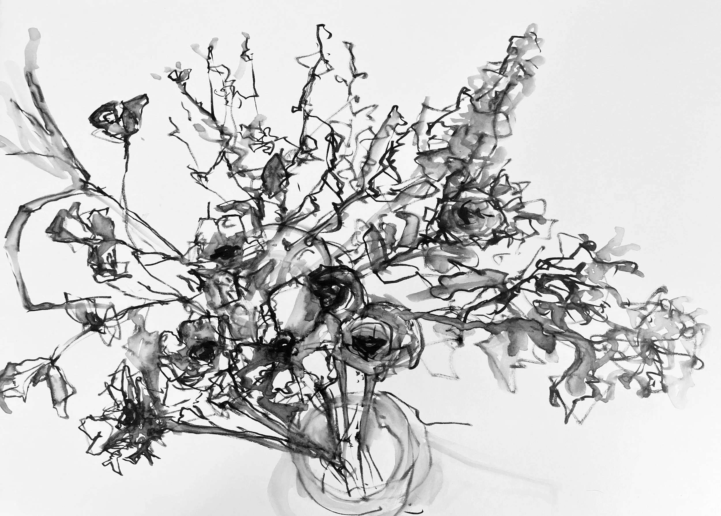 A black and white sketch of a bouquet of flowers in a vase, with intricate line work and shading.