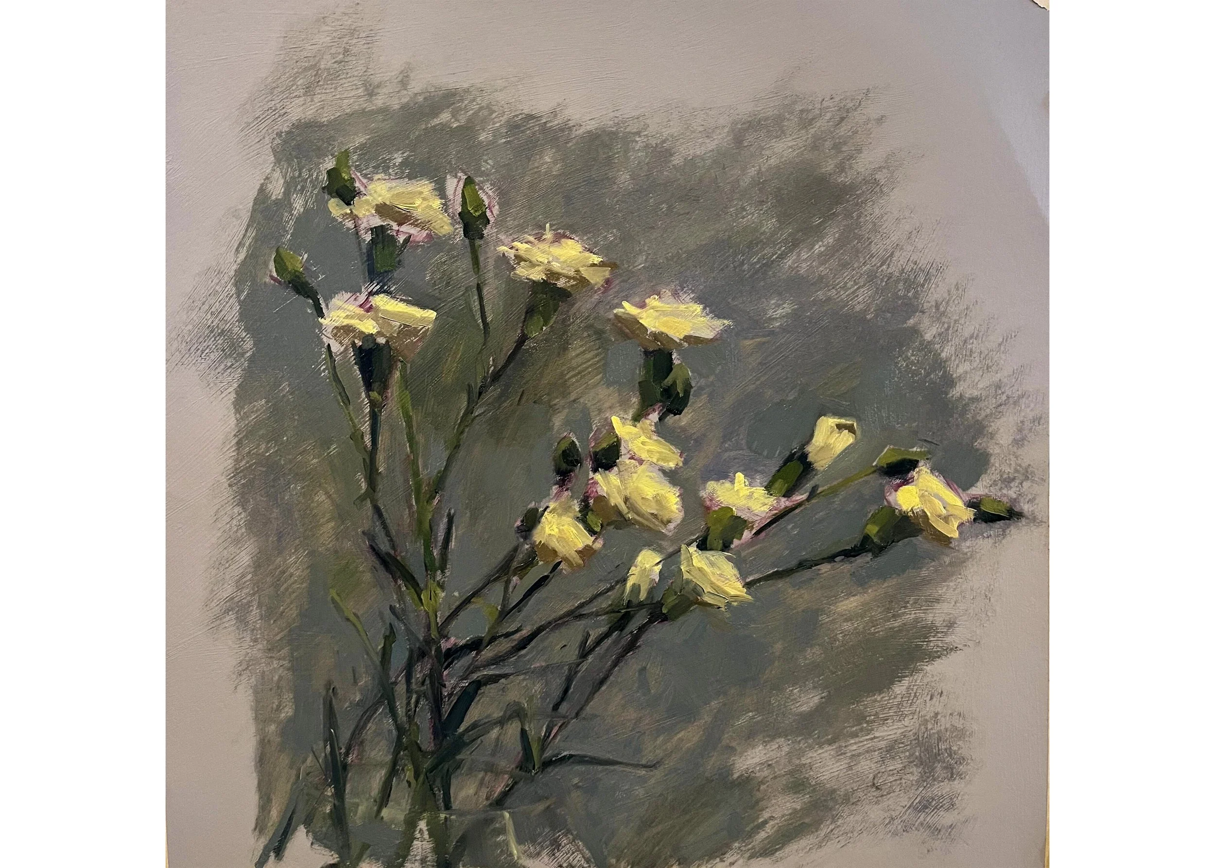 Leaning Carnations, Yellow, 2026, oil on paper, 33 x29 cm