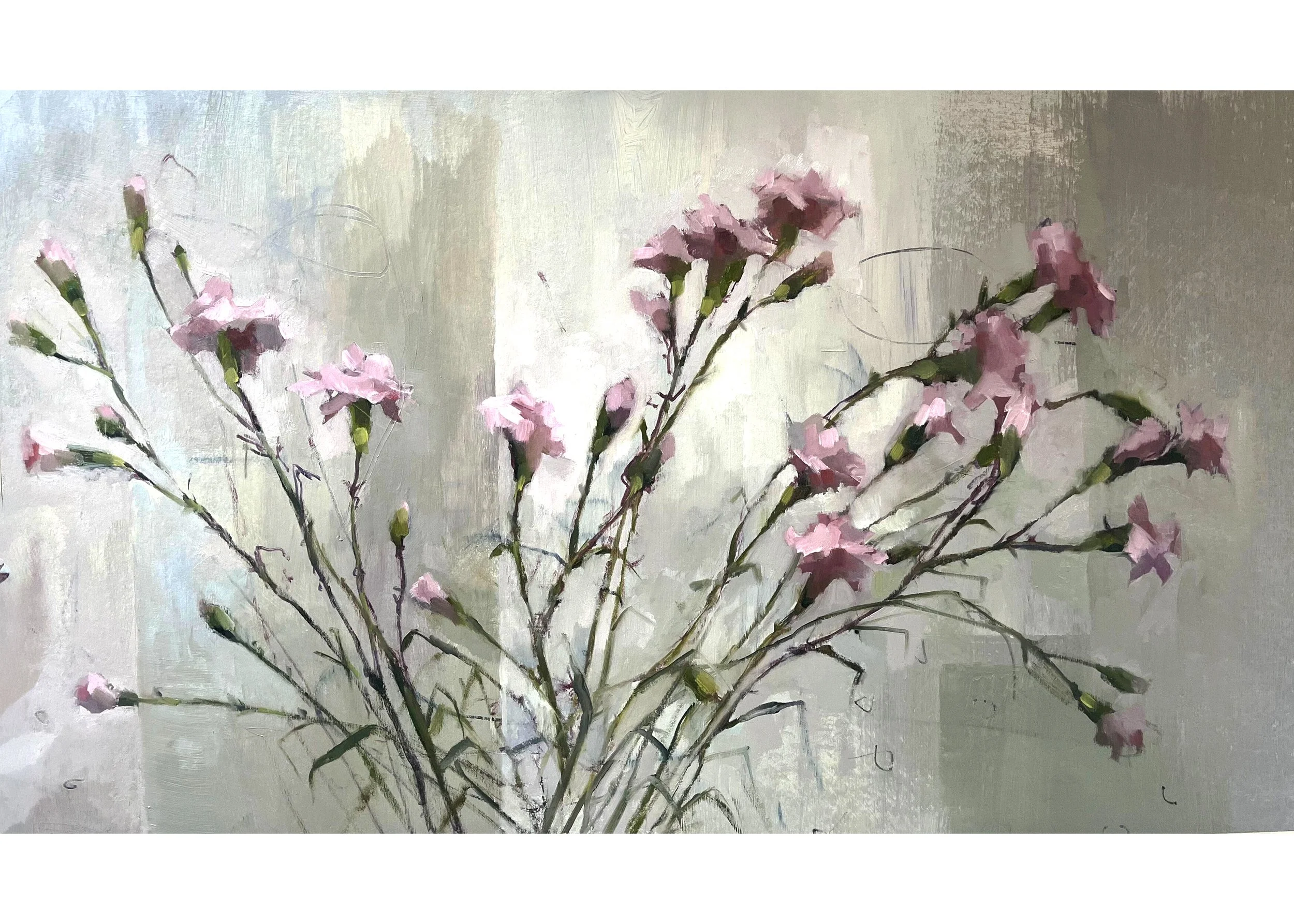 Pink Carnations, Leaning, 2026, oil on paper, 34 x 61cm