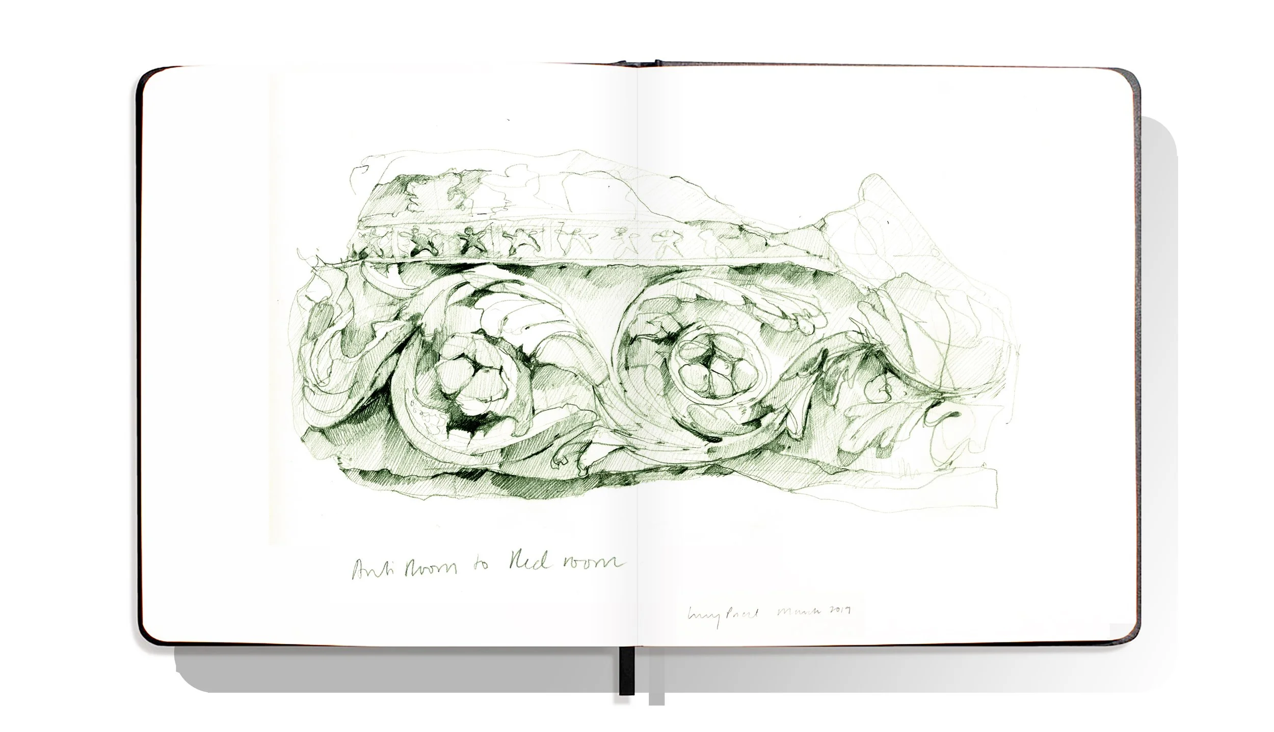 Sketch of an ornate architectural element with swirling floral designs, and a small scene of running figures at the top.